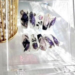 Reusable purple butterfly with rose nail handmade press on nail
